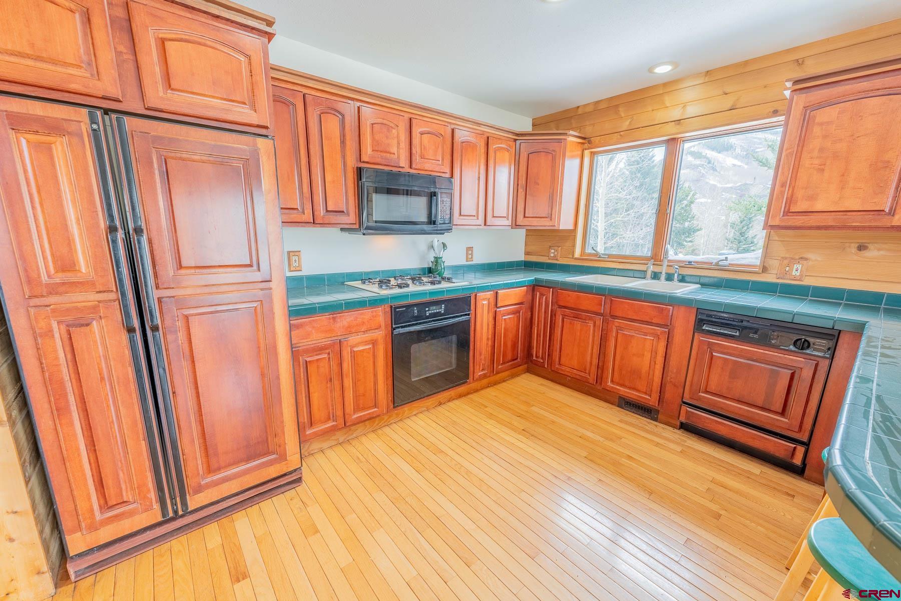 10 Arrowhead Circle Crested Butte, CO 81225 - Photo 14 of 33 a kitchen with stainless steel appliances granite countertop a refrigerator a sink dishwasher and wooden cabinets with wooden floor