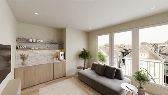 a bedroom with furniture and a large window