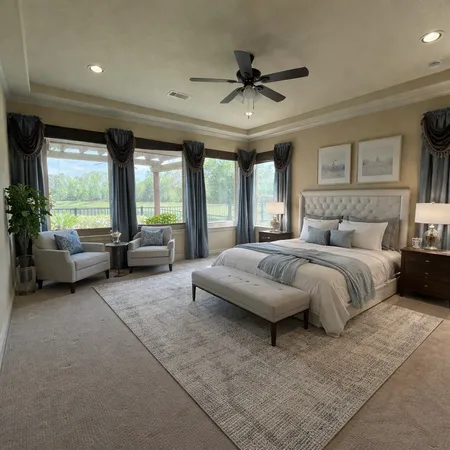 a bedroom with a large bed couch and a large window