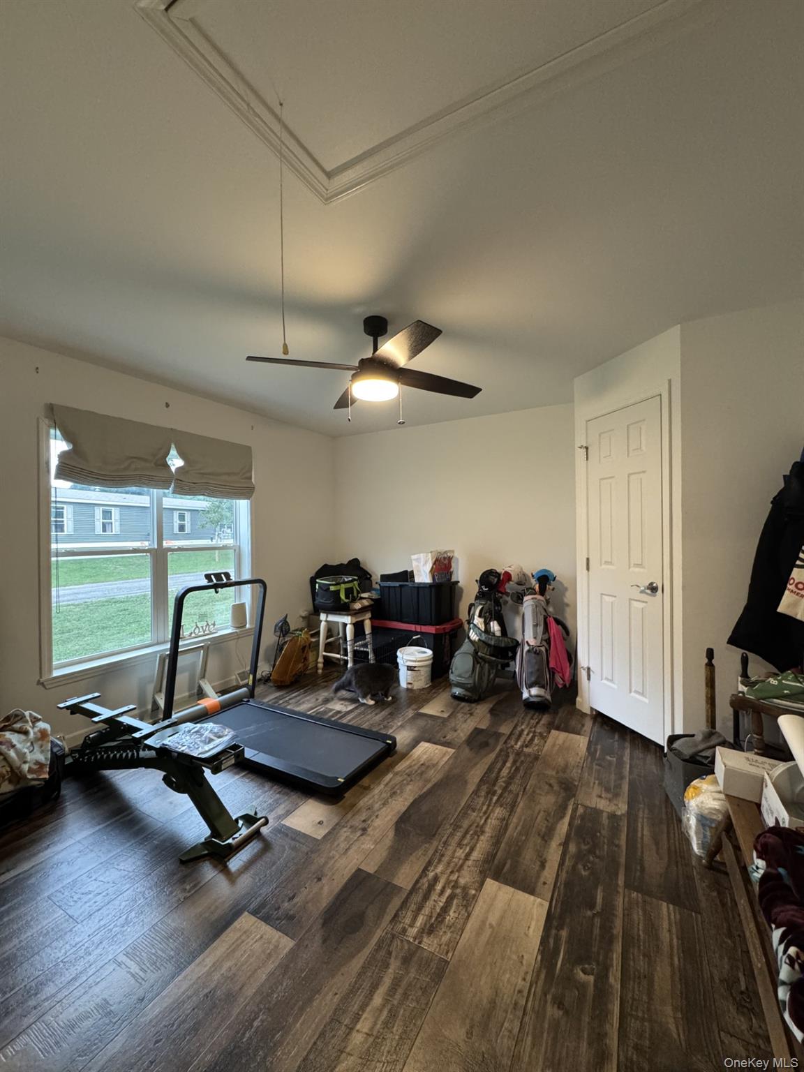 155 Metzger Road Red Hook, NY 12571 - Photo 29 of 29 Workout area with attic access, dark wood finished floors, and a ceiling fan