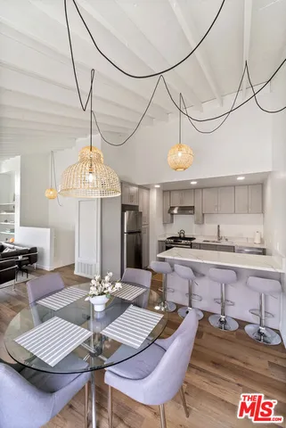 a view of a dining room with furniture