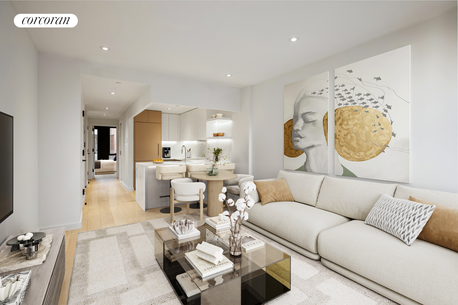 355 West 39th Street, Unit 3B Manhattan, NY 10018 - Photo 2 of 9 a living room with furniture and a large mirror