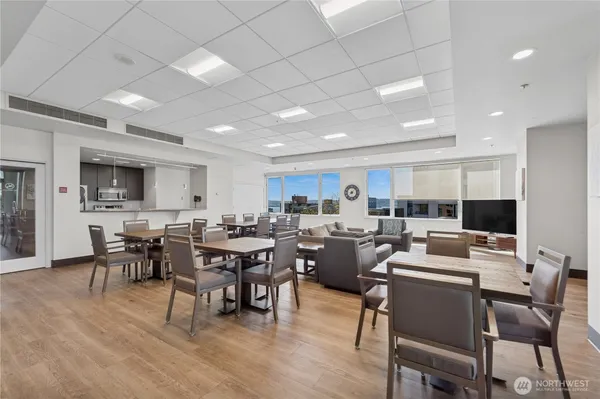 a view of a dining room with furniture