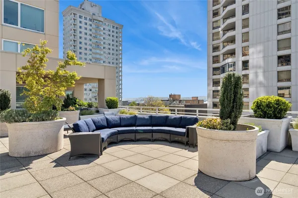 a view of a patio with couches potted plants and a potted plant