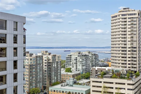 a city view with tall buildings