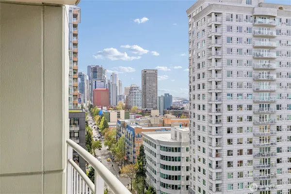 a city view with tall buildings