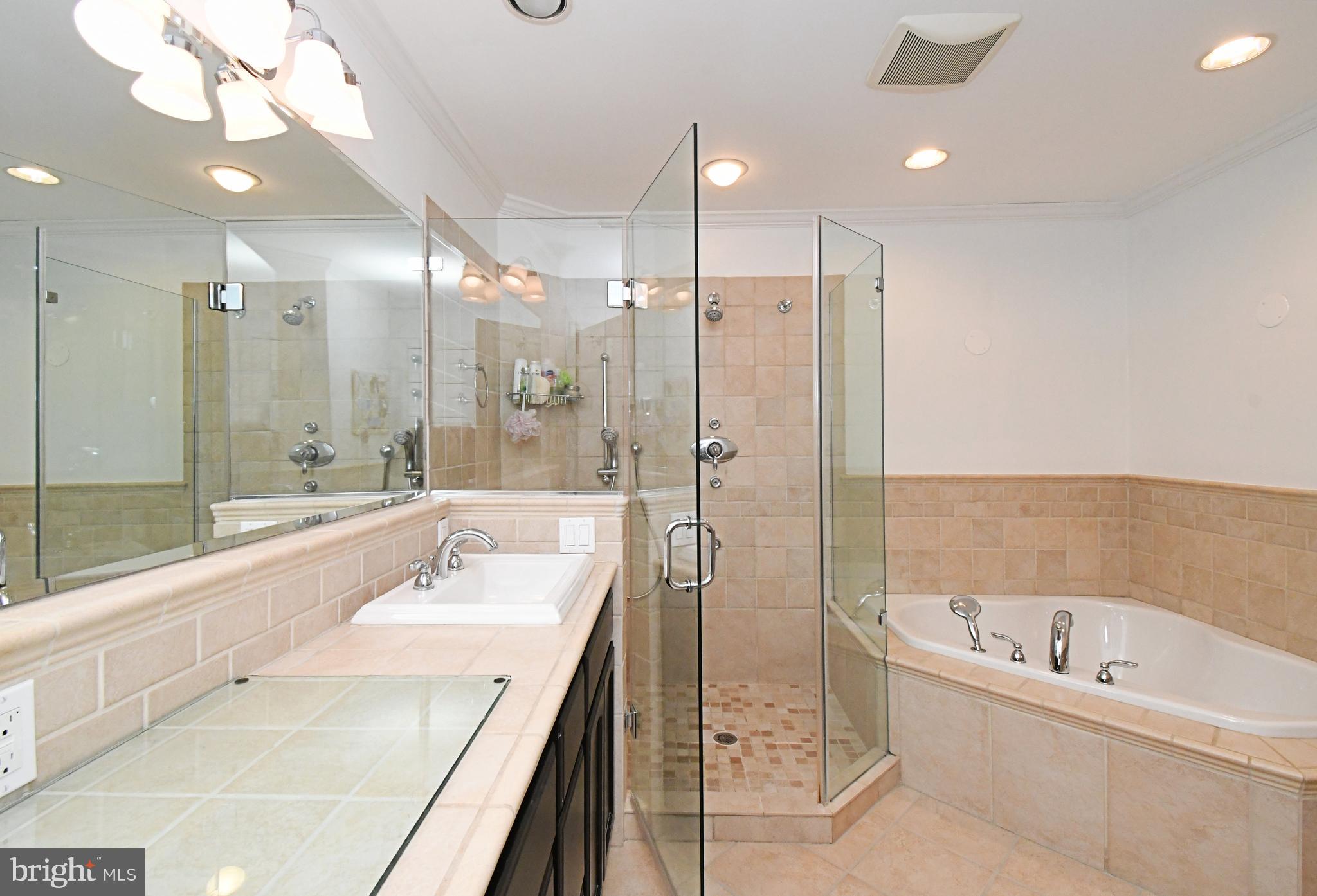 1651 Covington Road Yardley, PA 19067 - Photo 37 of 59 a large bathroom with a tub a double vanity sink a mirror and a shower