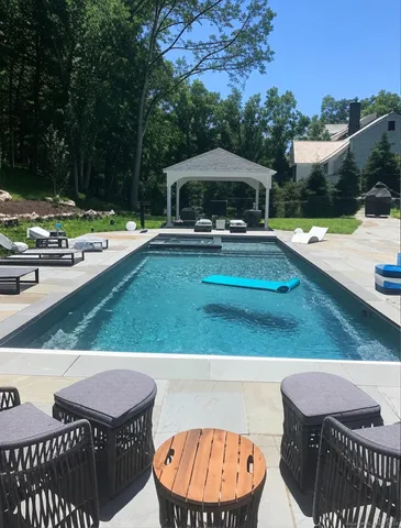 a view of a swimming pool with a patio and a garden