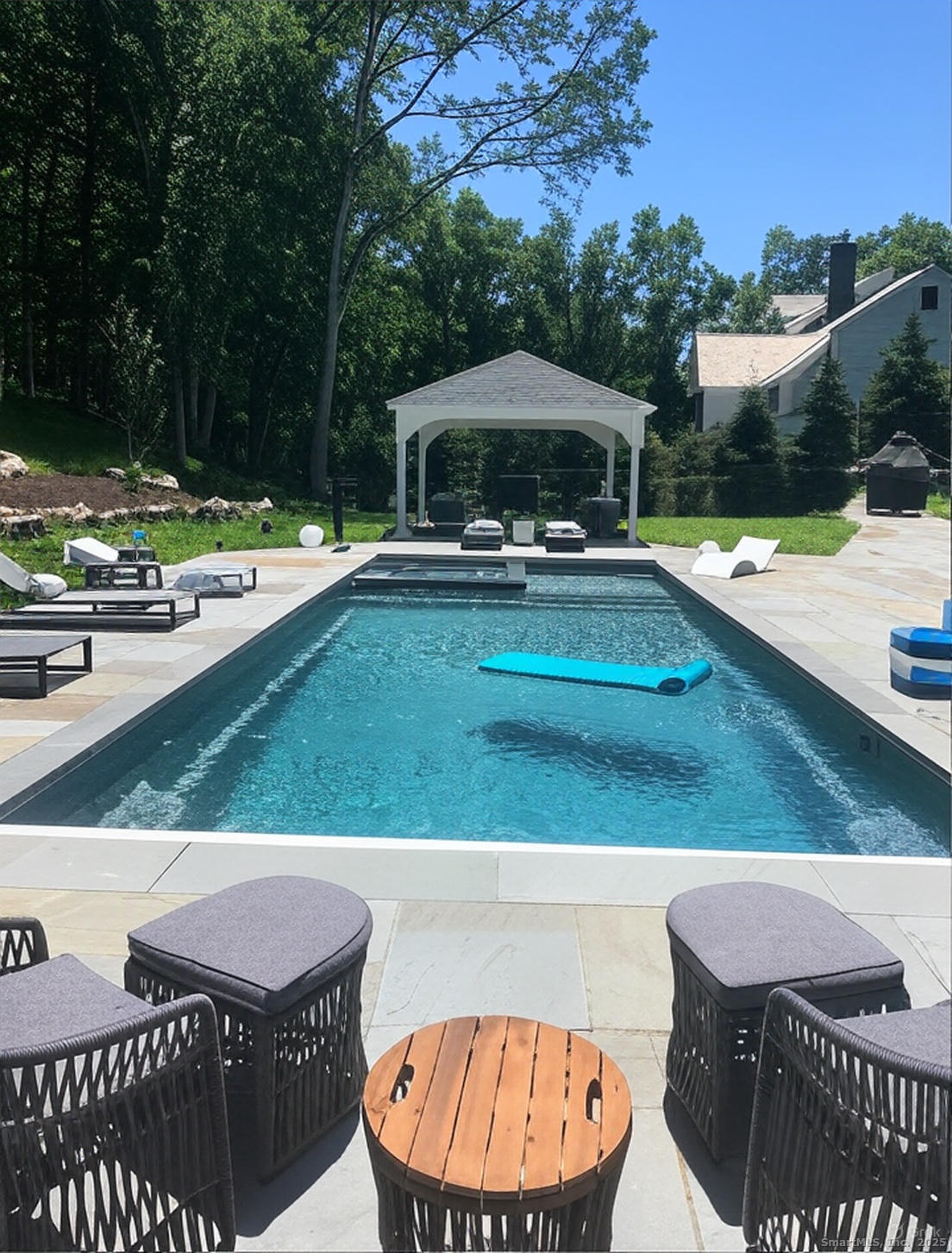 a view of a swimming pool with a patio and a garden