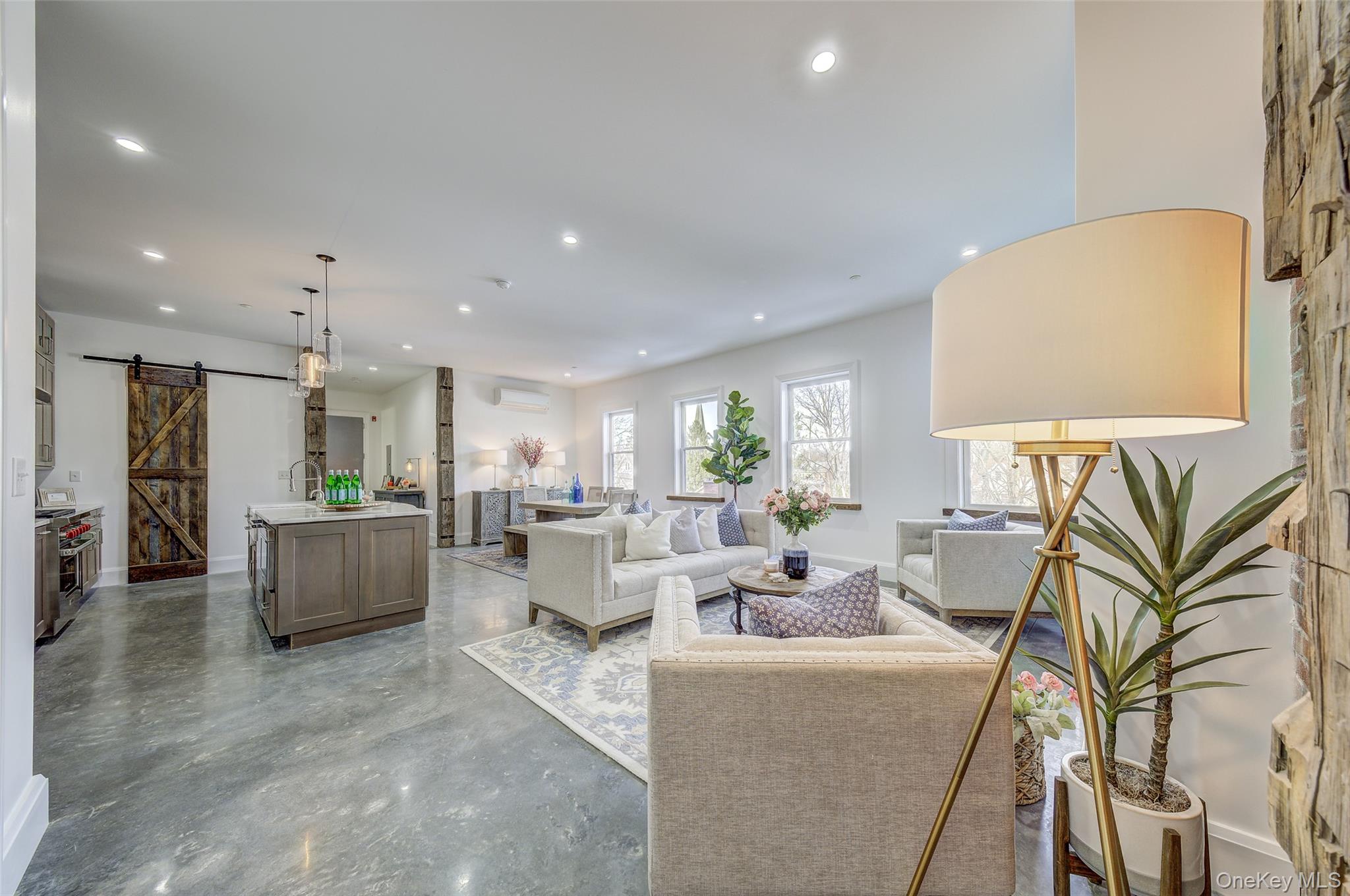 226 Main Street, Unit 302 Beacon, NY 12508 - Photo 6 of 43 Living area with a barn door, finished concrete floors, and recessed lighting