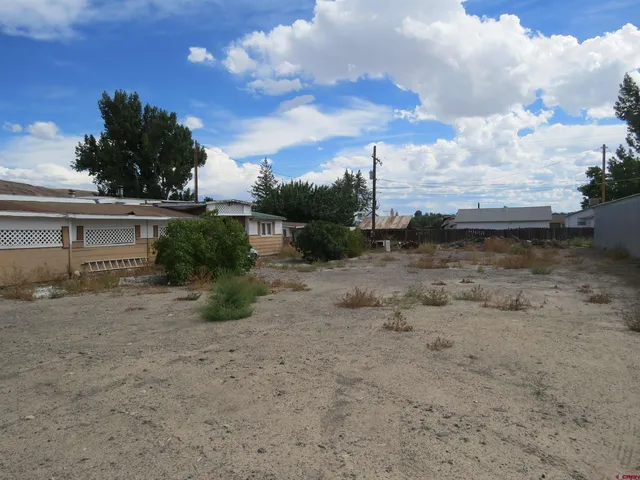 a view of a dry yard with wooden fence