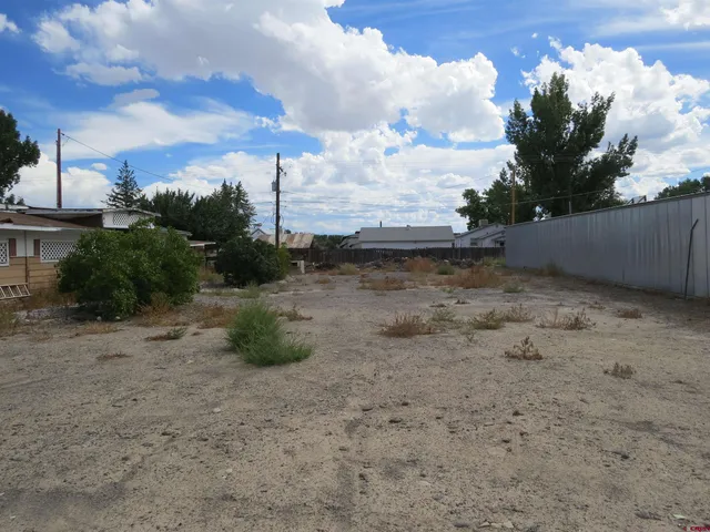 a view of a dry yard with wooden fence