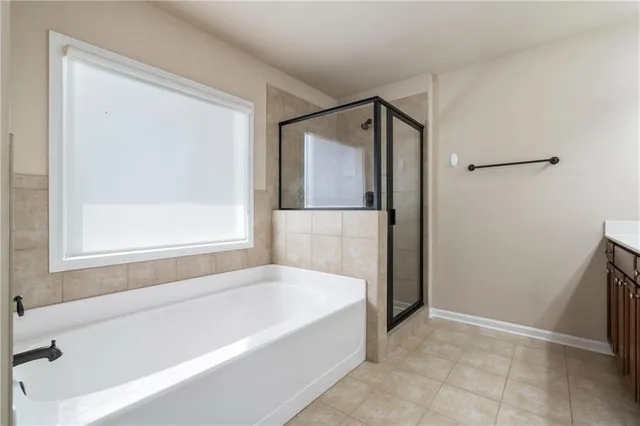 a bathroom with a bathtub and a shower