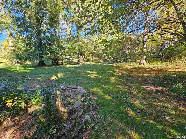 a yard with swimming pool and green space