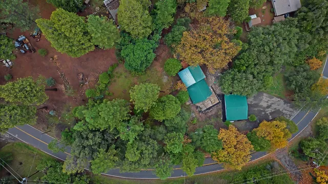 an aerial view of a house with a yard and trees