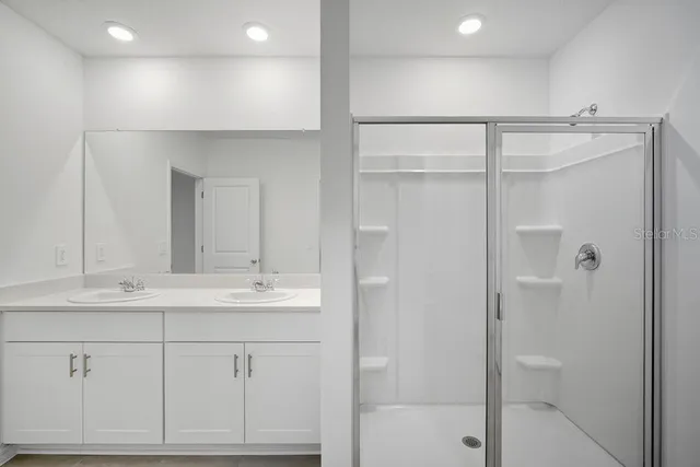 a bathroom with a double vanity sink mirror and shower