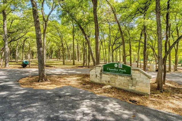 a view of a yard with large trees