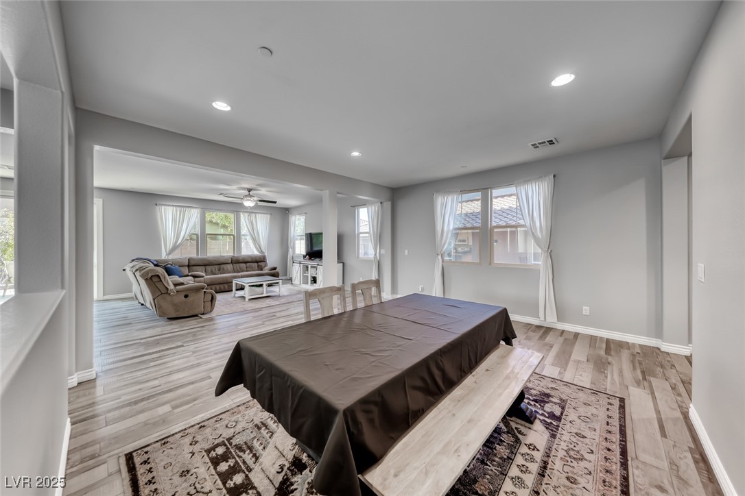 723 Gorringe Ridge Court Henderson, NV 89002 - Photo 10 of 48 Dining room featuring recessed lighting, light wood-style flooring, pool table, and a ceiling fan