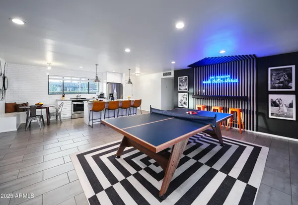 a view of a dining room with furniture