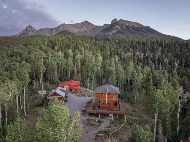 an aerial view of a house with mountain view