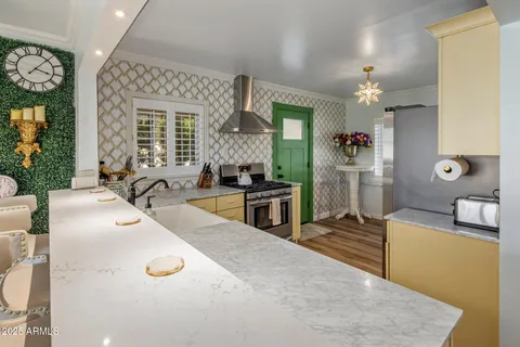 a view of a kitchen with kitchen island a counter top space a sink a stove and a refrigerator