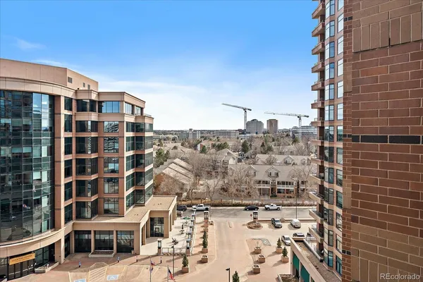 a city view with tall buildings