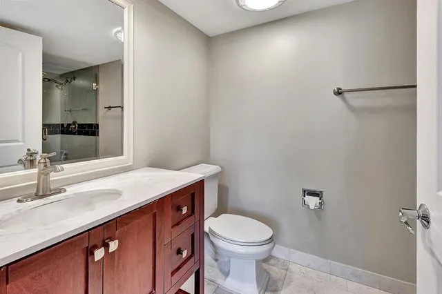 a bathroom with a sink a toilet a mirror and vanity