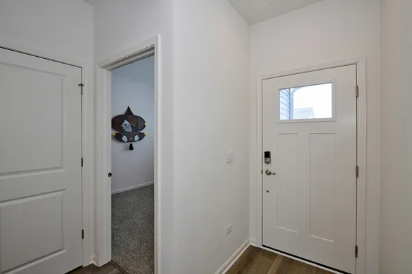 a view of a room with a door