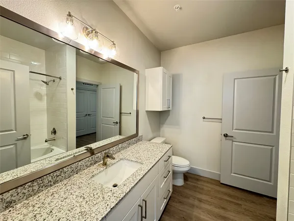 a bathroom with a granite countertop sink toilet and shower