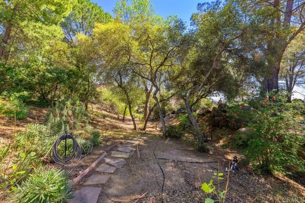 a backyard of a house with large trees