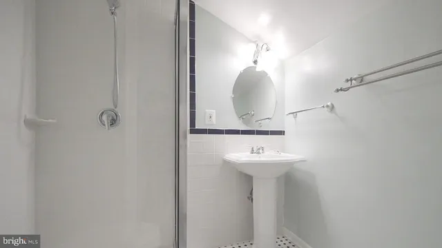 a bathroom with a sink a mirror and shower