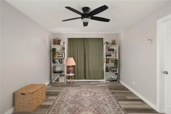 a view of a hallway with a workspace