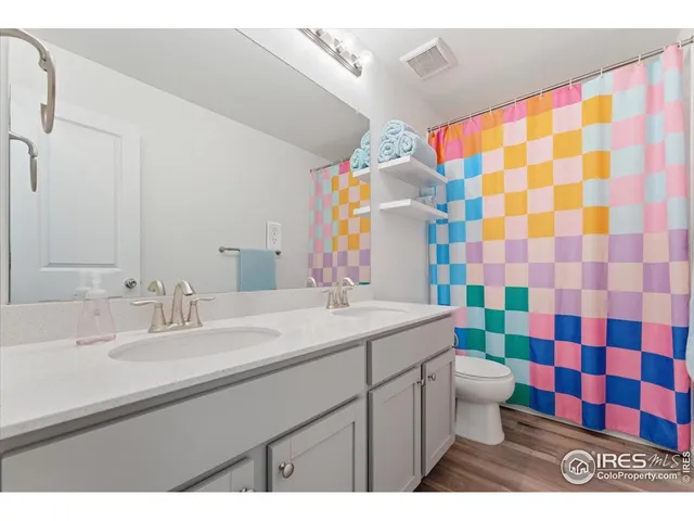 a bathroom with a sink a toilet a mirror and shower curtain