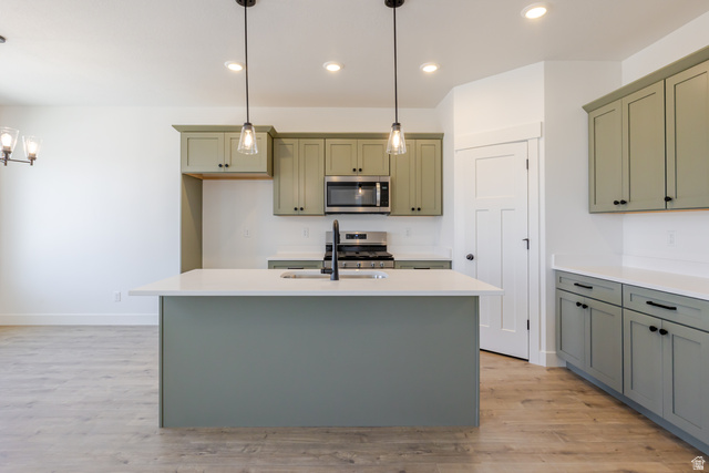 4752 Heartwood Road, Unit 433 Mapleton, UT 84664 - Photo 4 of 20 Kitchen featuring green cabinetry, light wood finished floors, and stainless steel appliances