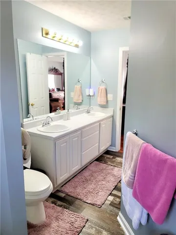 a bathroom with a sink a toilet and mirror
