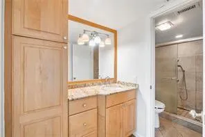 a bathroom with a granite countertop sink toilet and shower