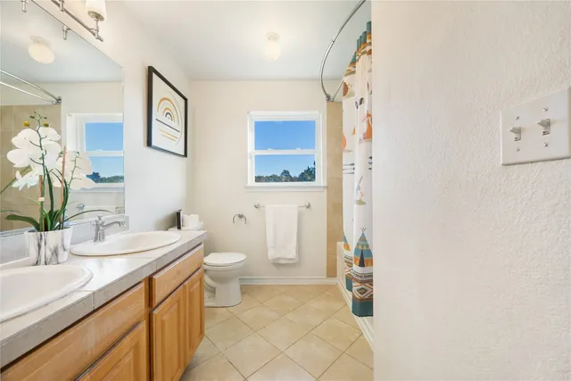 a bathroom with a sink a toilet and a large mirror