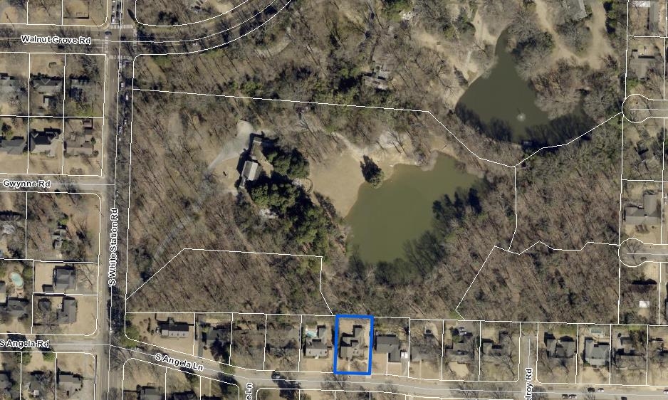 5302 South Angela Road Memphis, TN 38120 - Photo 37 of 40 Aerial Site Plan. Depicting property boundaries and surrounding geographical features like city storm water drainage along stone path