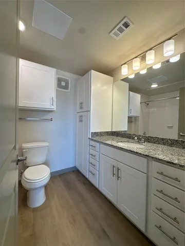 a bathroom with a granite countertop sink a toilet and a mirror