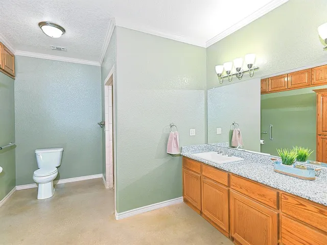 a bathroom with a granite countertop sink a toilet and a mirror