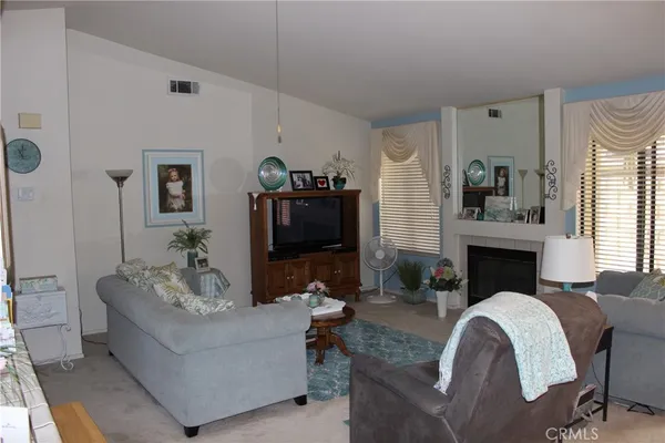 a living room with furniture and a fireplace