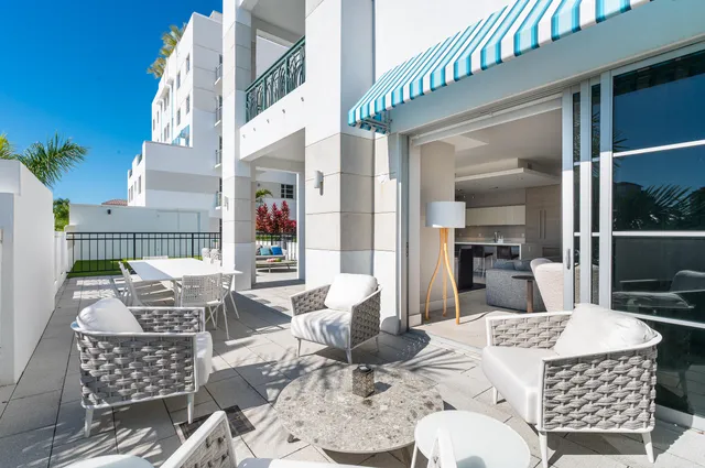 a view of a dining room with furniture