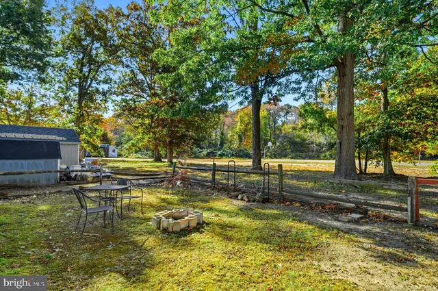 a view of a swimming pool with a bench and trees around