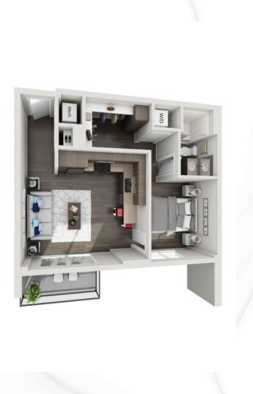 a living room with stainless steel appliances kitchen island a table and chairs in it