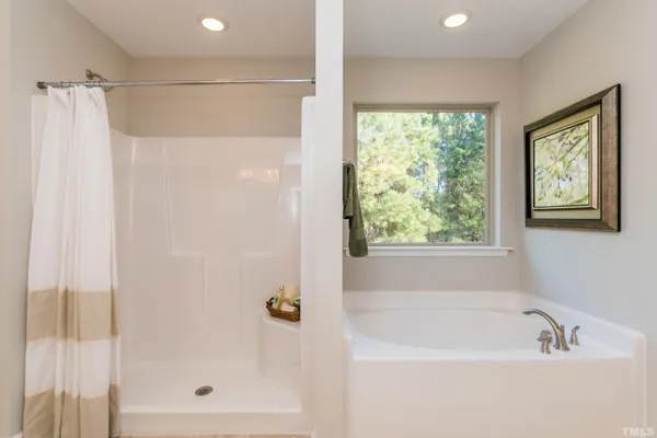 a bathroom with a shower and a bath tub