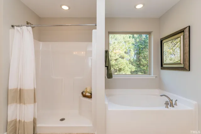 a bathroom with a shower and a bath tub