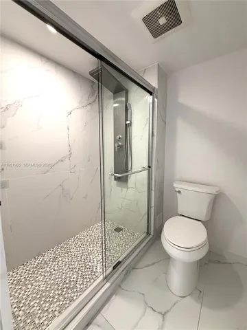 a bathroom with a shower and a toilet