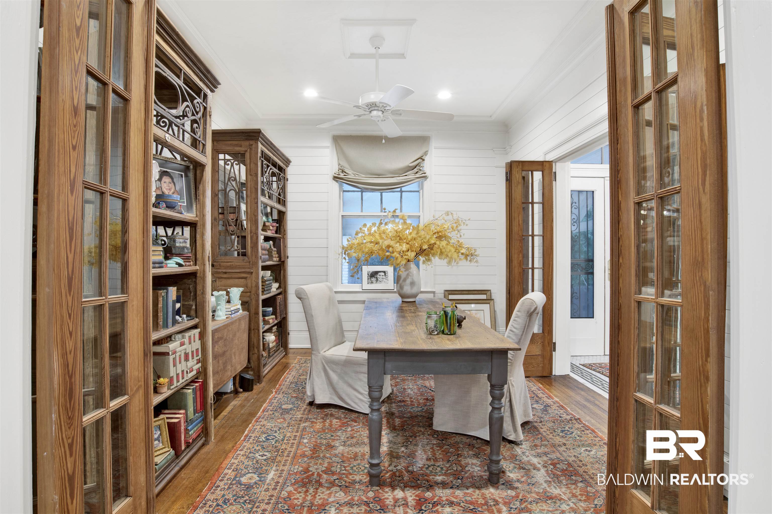 1654 Government Street Mobile, AL 36604 - Photo 20 of 45 Office space featuring dark hardwood / wood-style flooring, ceiling fan, french doors, and crown molding