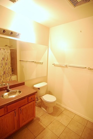 1000 West Adams Street, Unit 719 Chicago, IL 60607 - Photo 7 of 9 a bathroom with a granite countertop sink and a mirror