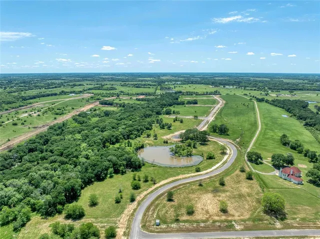 an aerial view of a residential houses with outdoor space and trees